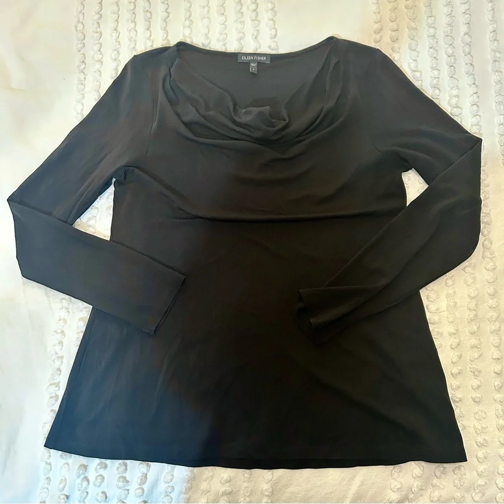 Eileen Fisher Black Long Sleeve Cowl Neck Blouse 100% Silk Sz S